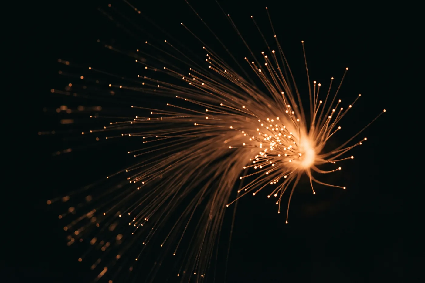 Tam karanlıkta hafifçe sıcak parlayan fiber optik kablo uçları, ince telleri tek bir noktada birleşiyor.